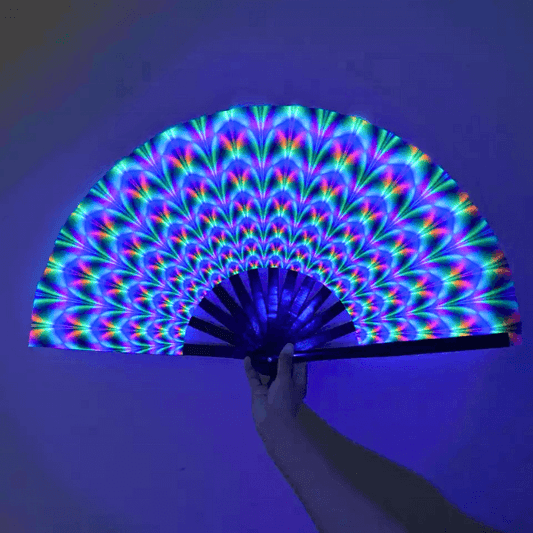 Fluorescent UV Holographic Hand Fan – Radiant Glow for Day & Night